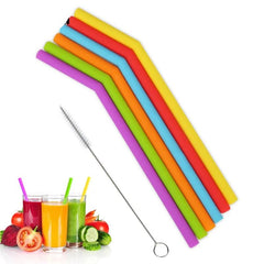 EcoXCulture - Reusable Silicone Bent Straw Kit, 6 Bent Straws and Cleaning Brush